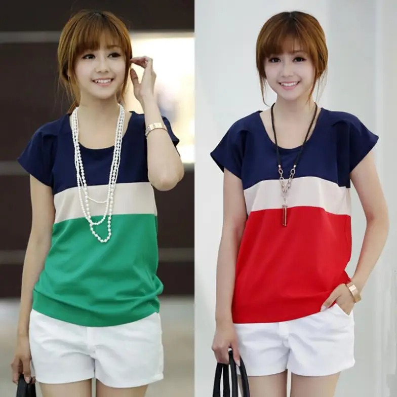 

2017 Ladies Shirts Red Green Stripe Color Lady Short Sleeve Plus Loose Size Tops Women T Shirts s4