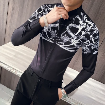 Горячие Camisa Masculina Фирменная Новинка Slim Fit Ретро рубашка с принтом Для мужчин с длинным рукавом Повседневное Для мужчин одежда черный платье в деловом стиле смокинг - Цвет: Черный