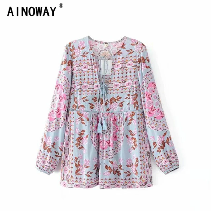 

Vintage chic fashion women bohemian floral printed v-neck lace-up Boho blouse shirts long sleeve shirts female elegant blusas