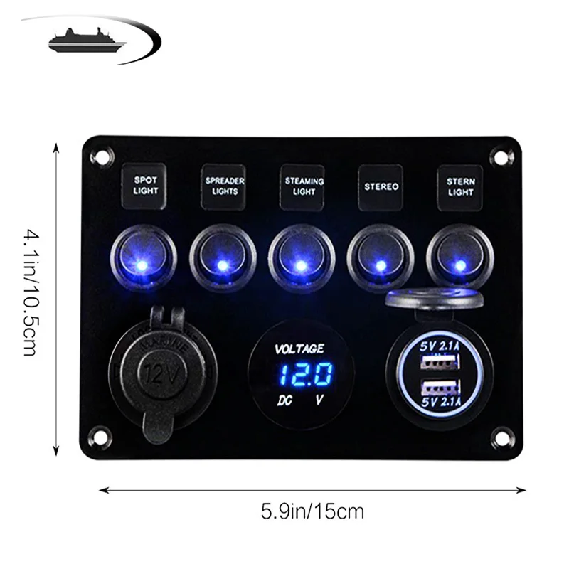 

Car Boat Dual USB Socket Charger LED Voltmeter 12V Power Outlet 5 Gang ON-OFF Toggle Switch Panel for Car Boat Marine RV Truck