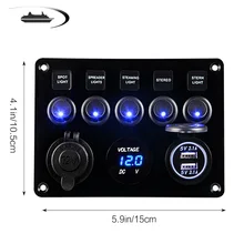 Car Boat Dual USB Socket Charger LED Voltmeter 12V Power Outlet 5 Gang ON-OFF Toggle Switch Panel for Car Boat Marine RV Truck Car Boat Dual USB Socket Charger LED Voltmeter 12V Power Outlet 5 Gang ON-OFF Toggle Switch Panel for Car Boat Marine RV Truck