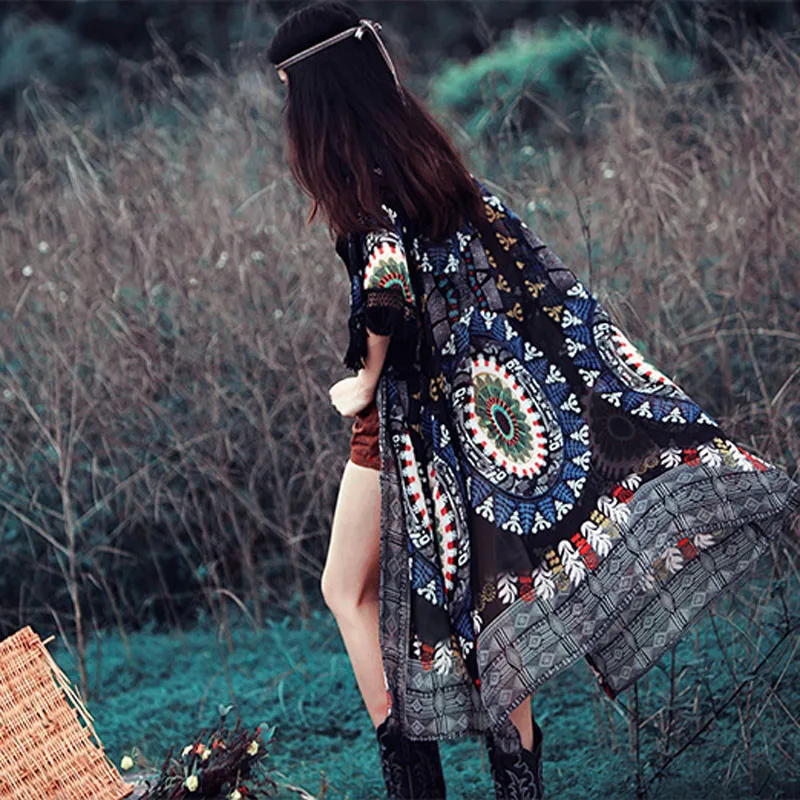Новый бренд Gypsy Шифоновая блузка Этническая Стиль принтом в стиле ретро Длинные кардиганы кимоно этническими принтами солнцезащитный крем