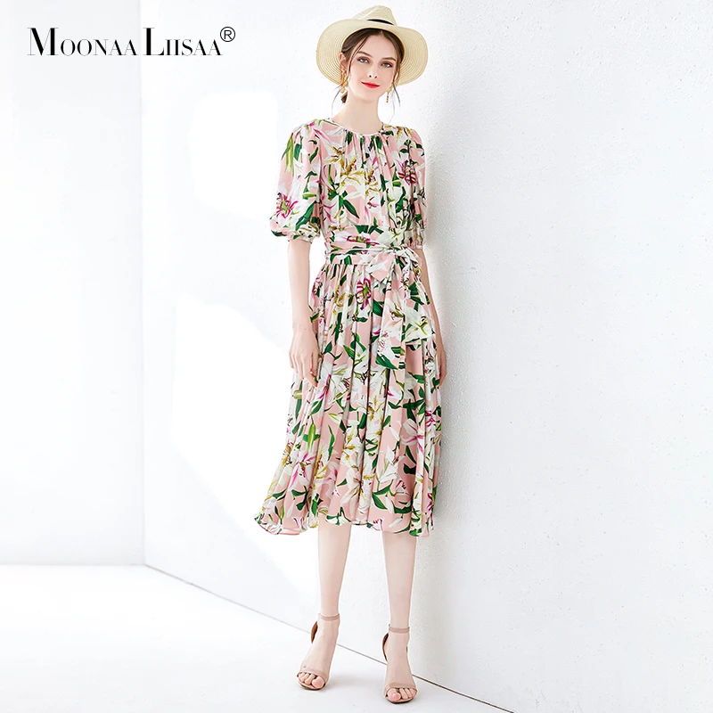 

moonaaliisaa Runway Summer Dress Women's Summer Lily Print Sleeve Dress with Waist Strap Big Swing Beach Holiday Midi Dress