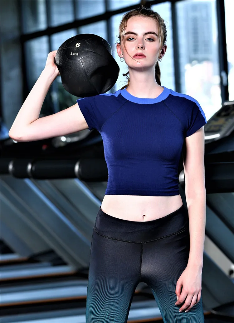Укороченный топ для спортзала, топы для тренировок, футболка для женщин, спортивная одежда для фитнеса, женская трикотажная спортивная одежда, женская спортивная одежда - Цвет: Blue