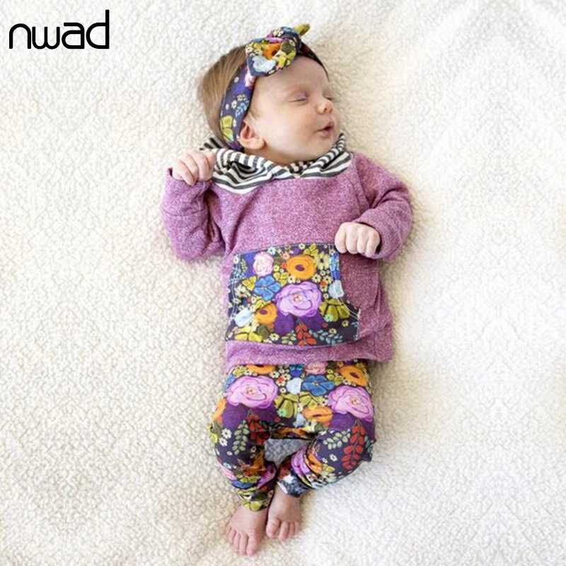 NWAD 2 шт. Одежда для новорожденных девочек комплект наряд для девочек с длинным рукавом с капюшоном Футболка и штаны с цветочным принтом
