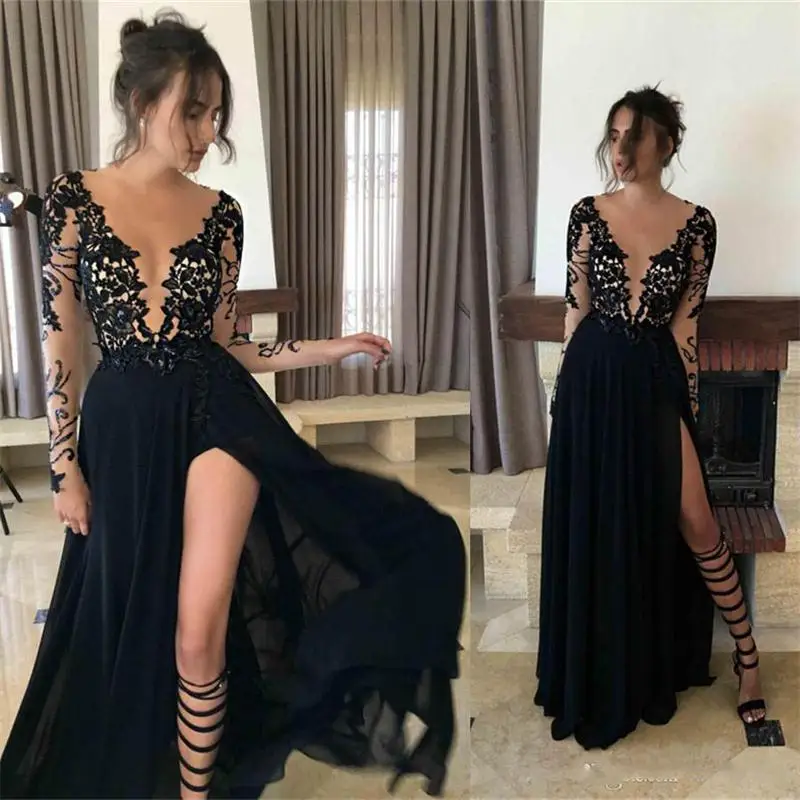 

Sexy Side Split Navy Blue Long Sleeve Evening Dresses Sheer Lace Appliques Sequins Chiffon Prom Dress Party Robe De Soiree