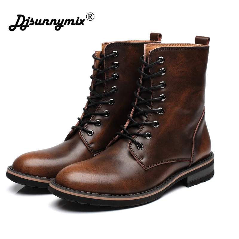

DJSUNNYMIX Brand Handmade New Genuine leather men Boots Lace up Solid Casual Ankle Boots Martin Round Toe man Shoes size 38-44