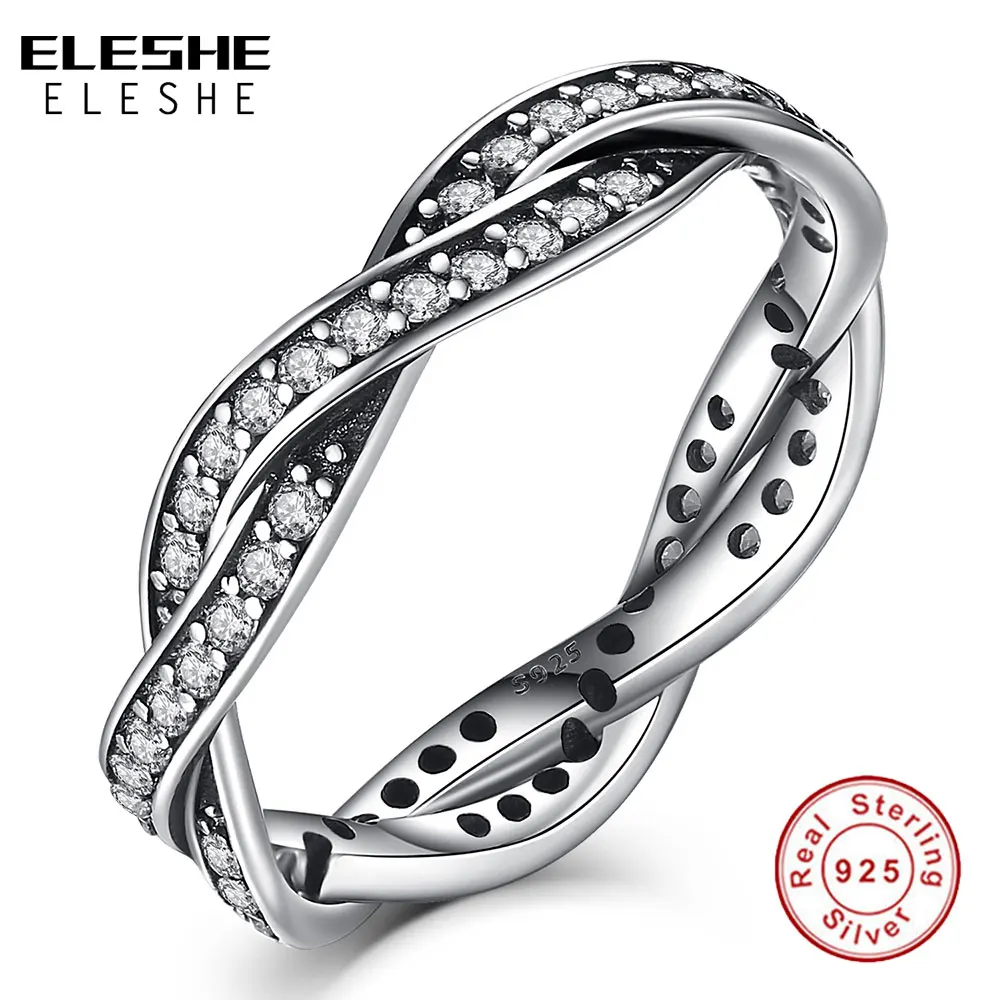 

ELESHE Authentic Real 925 Sterling Silver Ring Twist Of Fate Stackable Rings with Cubic Zirconia Engagement Anniversary Jewelry