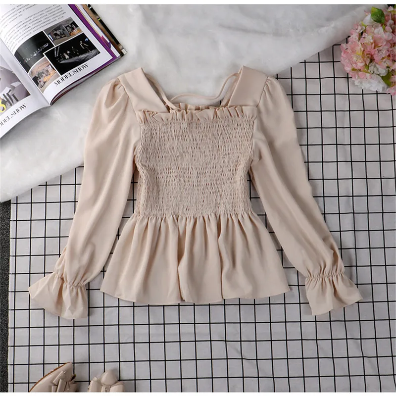 2019 جديد المرأة الصيف بلوزة شيفون مثير التعادل الكشكشة البلوزات الإناث ضئيلة الصلبة طويلة الأكمام قمصان قصيرة قاع قمم AB1372