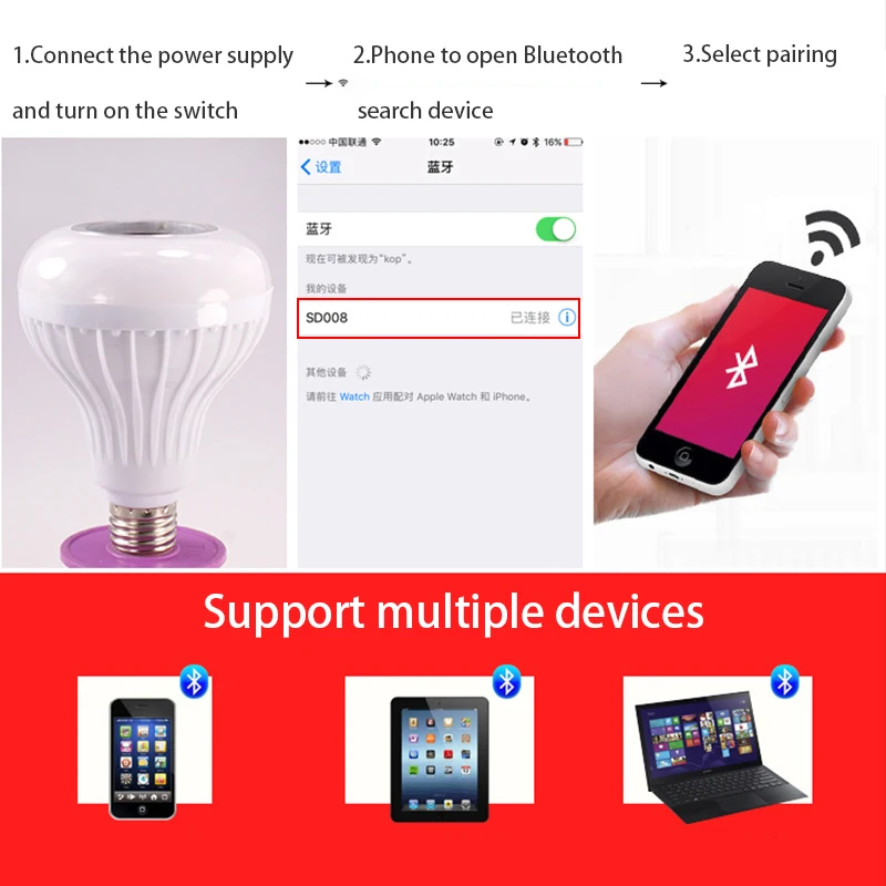 Фото E27 Bluetooth Музыка светодиодные лампы Смарт RGB Беспроводная лампочка 220 V 12 Вт E27 Bluetooth Музыка светодиодные лампы Смарт RGB Беспроводная лампочка 220 V 12 Вт