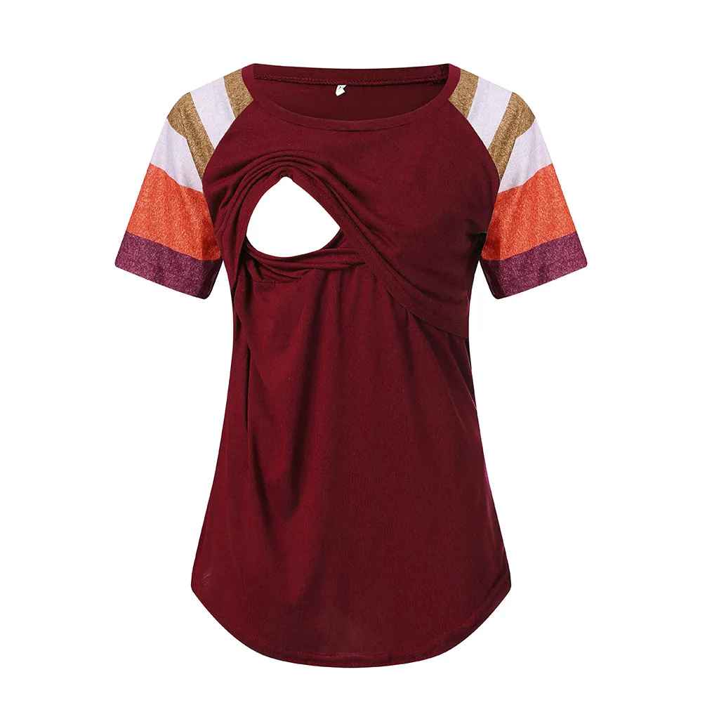 Для беременных женщин кормящих полосой короткий рукав круглый вырез блузка для кормления грудью(винно-красный - Цвет: S