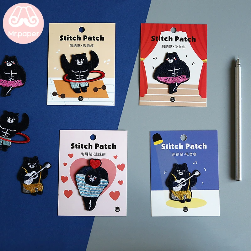 

Mr.Paper 4 Designs Kawaii Uncle Bear Embroidery Sticker Stitch Patch DIY Clothes Collecting Bag Jeans Decoration Fabric Stickers