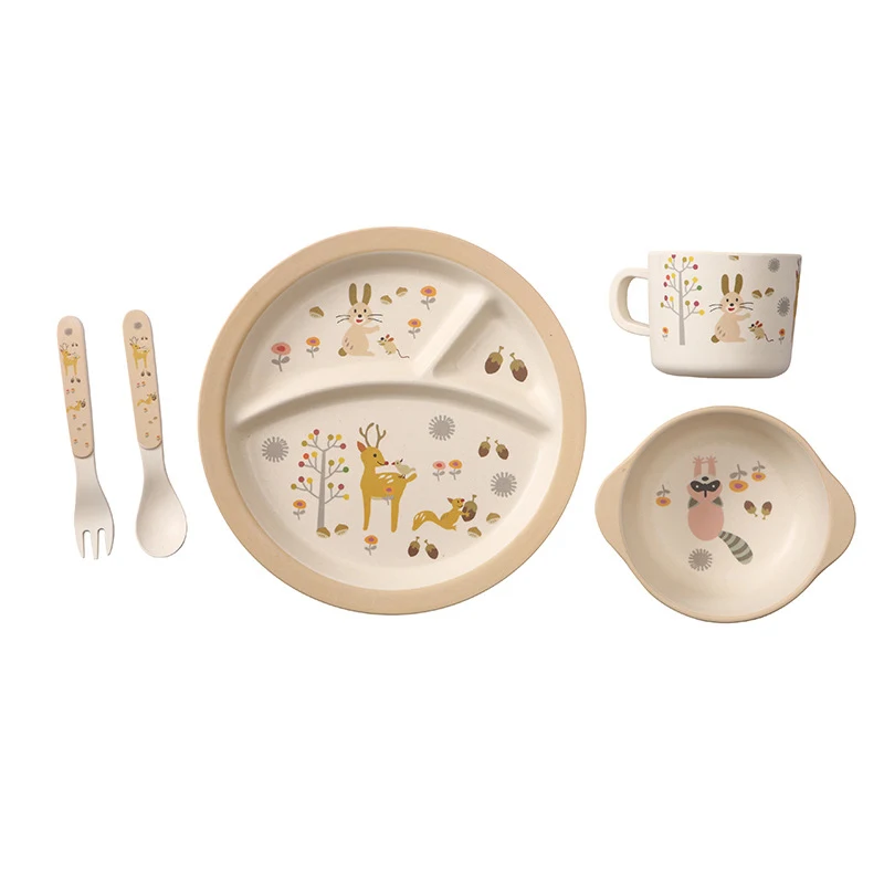 5 PcsSet Baby Bamboo Fiber Dinnerware Eco-friendly Children Feeding Food Plate With Cup Spoon Fork Food Storage Plate BB5120 (1)
