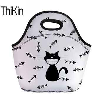 

THIKIN Neoprene Lunch Bag Cute Cartoon Cats Printing For Children Boys Girls Thermal Insulated Food Lunchbox Women Picnic Totes