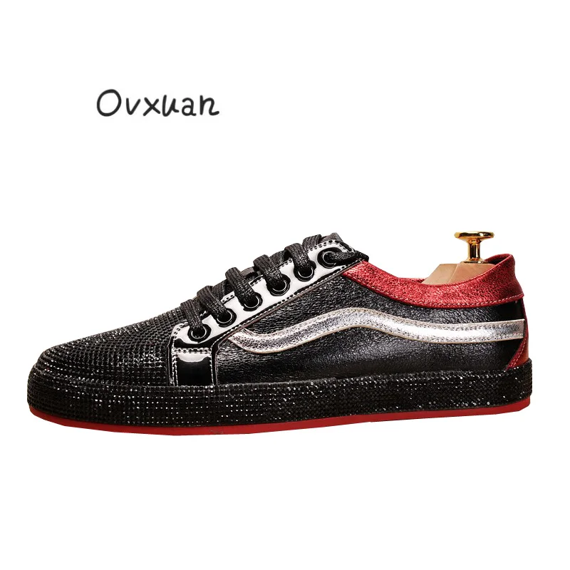 

OVXUAN Shinning Diamond Rhinestone Red Bottom Stripe Hip Hop Sneakers Men Trainers Shoes Fashion Party Prom Dress Loafers Shoes