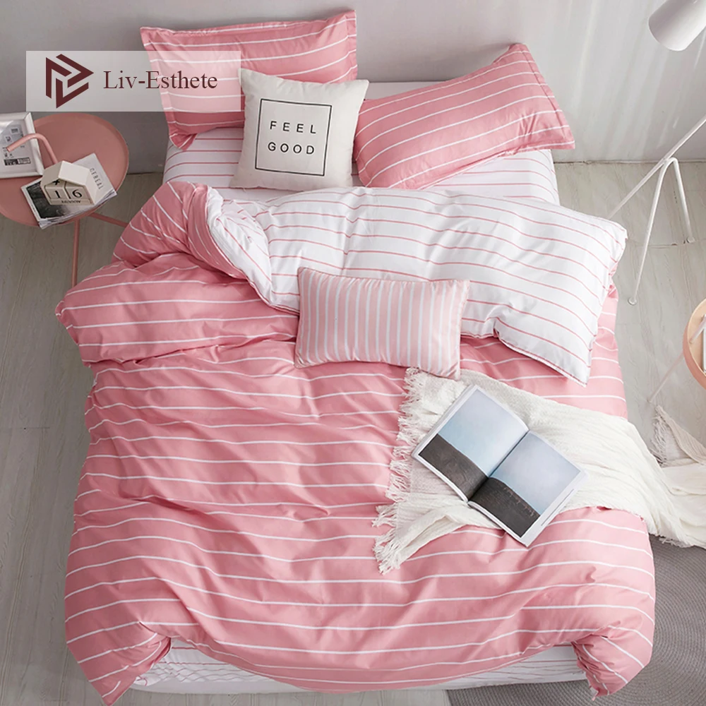 Liv-Esthete, Модный классический Комплект постельного белья в розовую полоску, двойное постельное белье queen King, мягкий пододеяльник, плоский лист, наволочка для взрослых