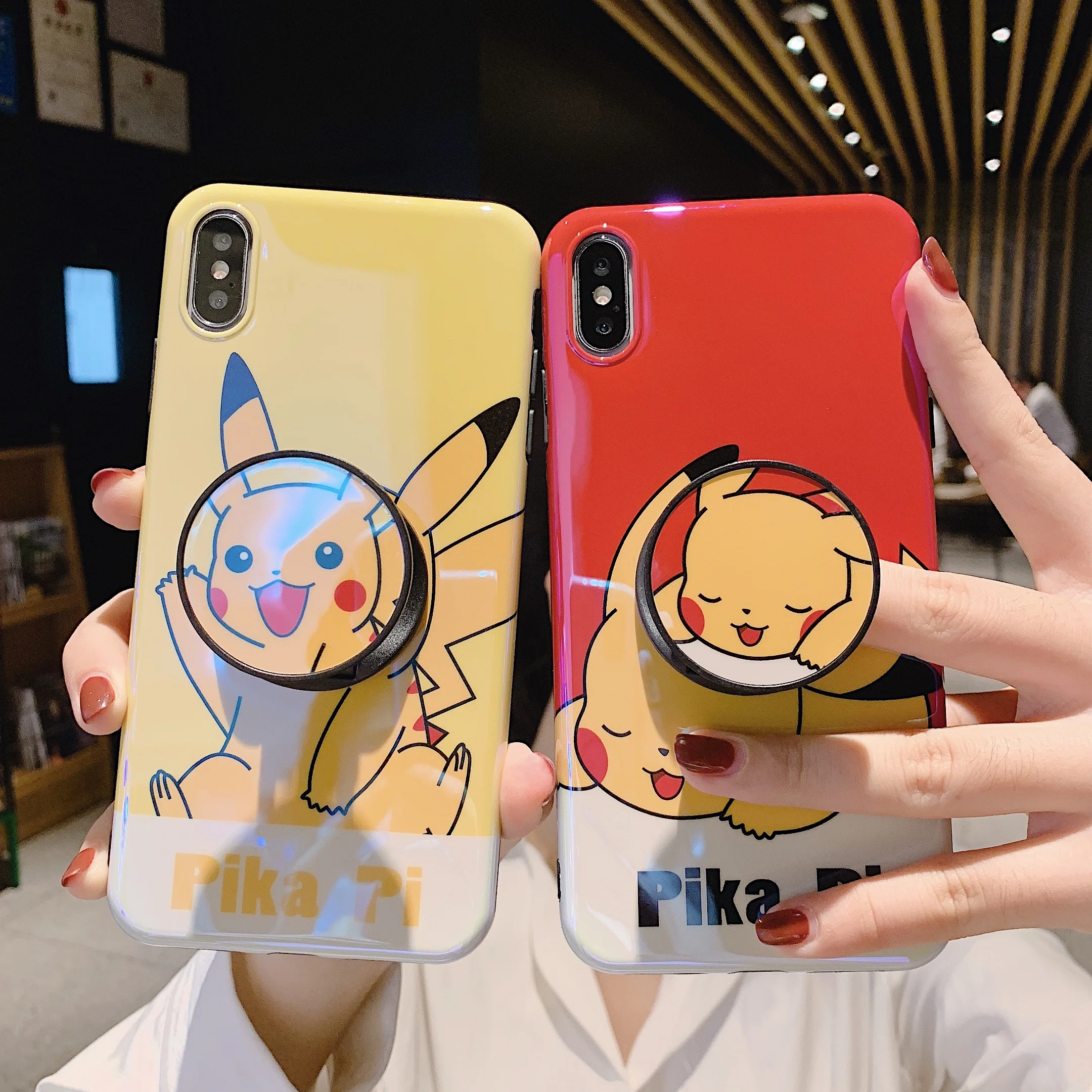 

Red Yellow Cute Pika Pi Cartoon Grip Holder Stand Back Phone Shell Cover For iPhone 6 6s 7 8 Plus XS Max XR X Soft Cases Coques