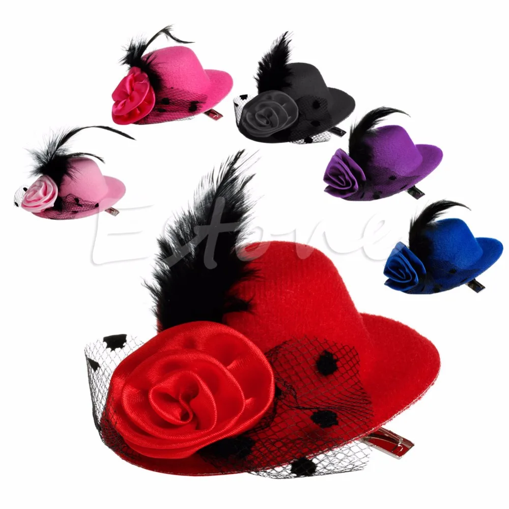 

Fashion Lady's Mini Hat Hair Clip Feather Rose Top Cap Lace fascinator Costume Accessory 6Colors