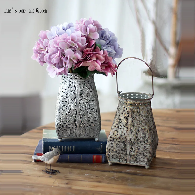

delicate handmade antique metal flower containers with handle