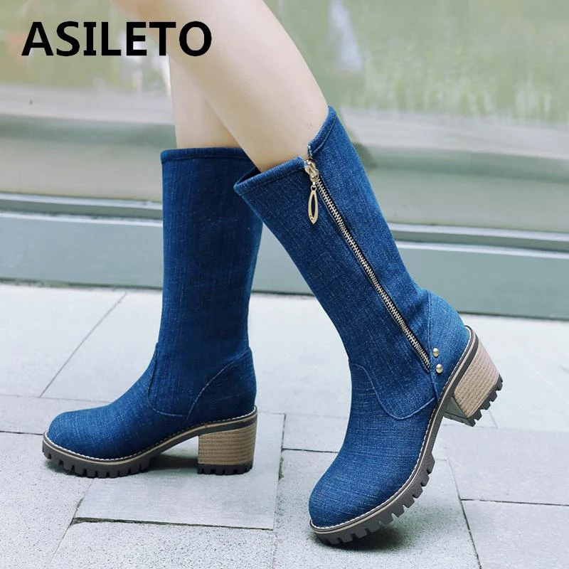 

ASILETO Boots Women thick High Heels Spring Summer Shoes Mid-calf Zip Blue Denim Booties Western Cowboy Jeans Botas Mujer Big 43