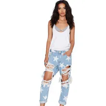 2017 Women Print Five-pointed Star Vintage boyfriend Holes Ripped Jeans Denim Blue White Trousers Female Denim Lady Pants YM184