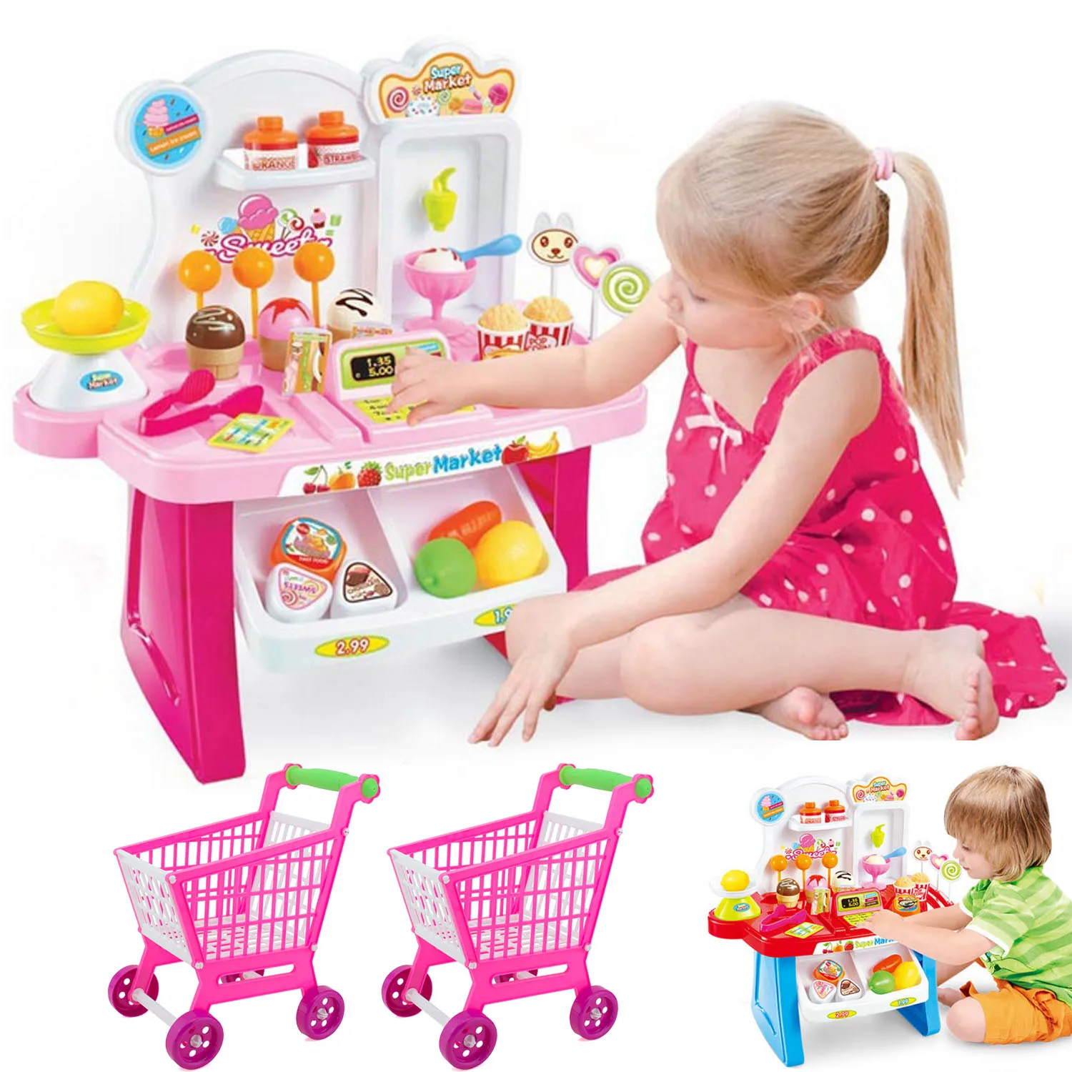 

34pcs Kids Miniature Pretend Play House Toys Shopping Supermarket Cash Register Desk POS Toy with Handcart Trolley Cart Basket