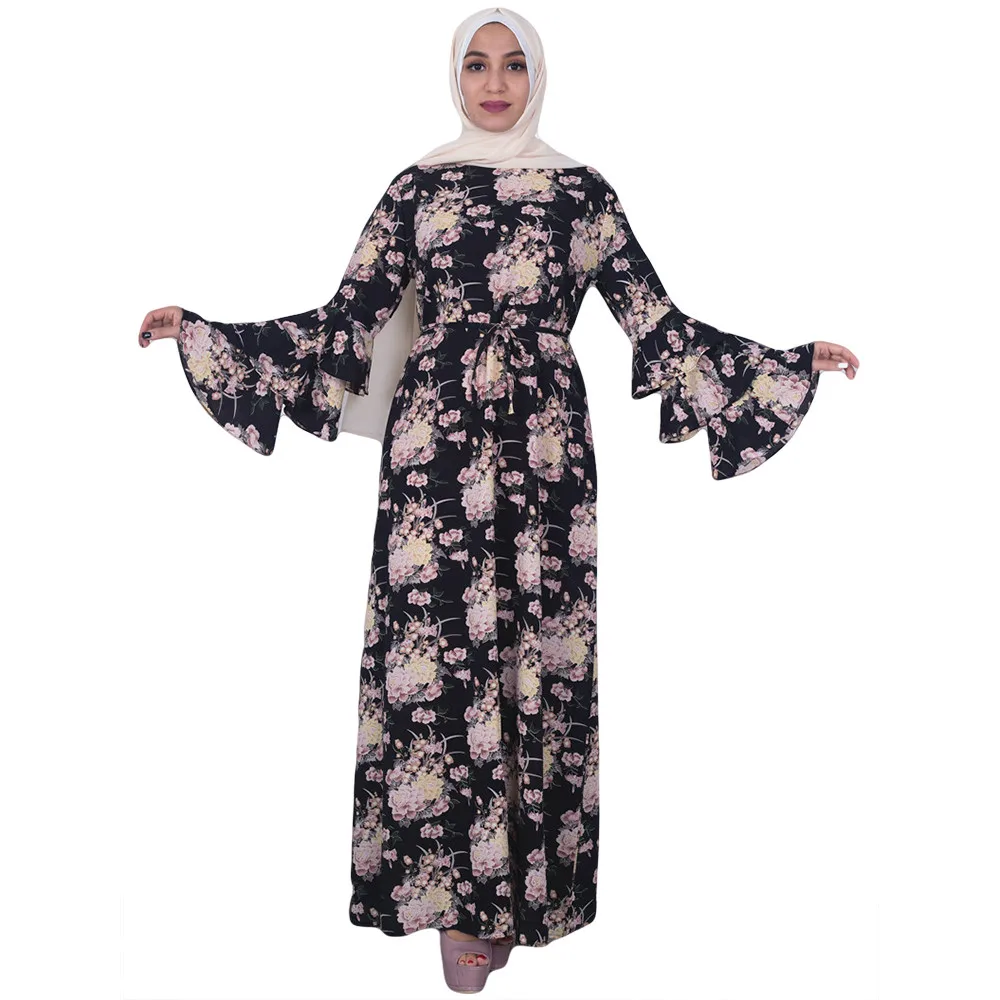 

2019 Islamic Dress Print Floral Abaya Flare Sleeve Moroccan Kaftan Pakista Turkey Arabic Dubai Robe Musulmane Eid Muslim Dresses