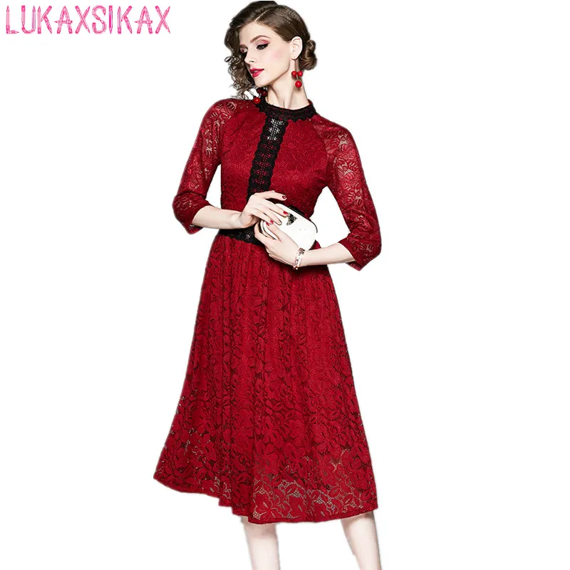 

LUKAXSIKAX 2019 Spring Autumn Women Stand Collar Three Quarter Sleeve Slim Dress High Quality Patchwork Lace Runway Dress