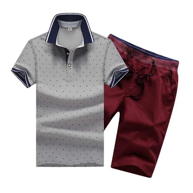 Комплекты из 2 предметов, мужские хлопковые летние мужские рубашки поло на пуговицах, мужские комплекты с отложным воротником, 4XL, шорты и поло для мужчин, одежда, облегающий стиль - Цвет: grey802 red K511