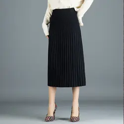 Плиссе средней длины вязать юбка высокой талии эластичный мешок хип длинные юбки один шаг вязаная юбка