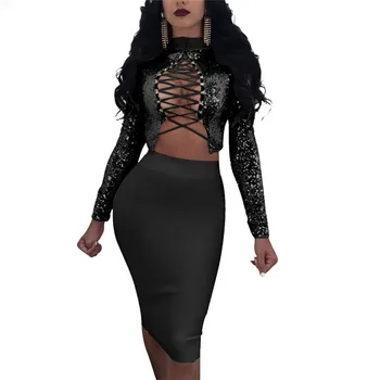 

Women Autumn Sexy Two Piece Dresses Long Sleeve Criss Cross Back Sequin Crop Top and Skirt Set Party Clubwear 2 Piece Outfits