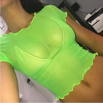 

Sexy Hollow Mesh Net Transparent Shirt See Through Crop Top Women Short Sleeve Luorescent Female Top