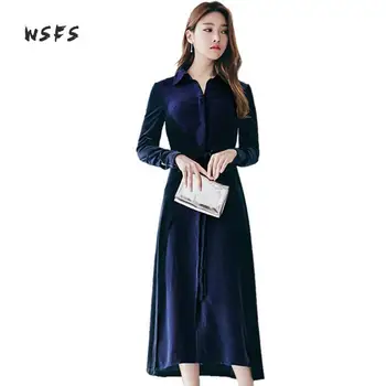 

Wsfs Spring Dresses Blue Turndown Long Sleeve Women Shirt Dress Slim Office Elegant Bandage Vintage Sexy Party Loose Midi Dress