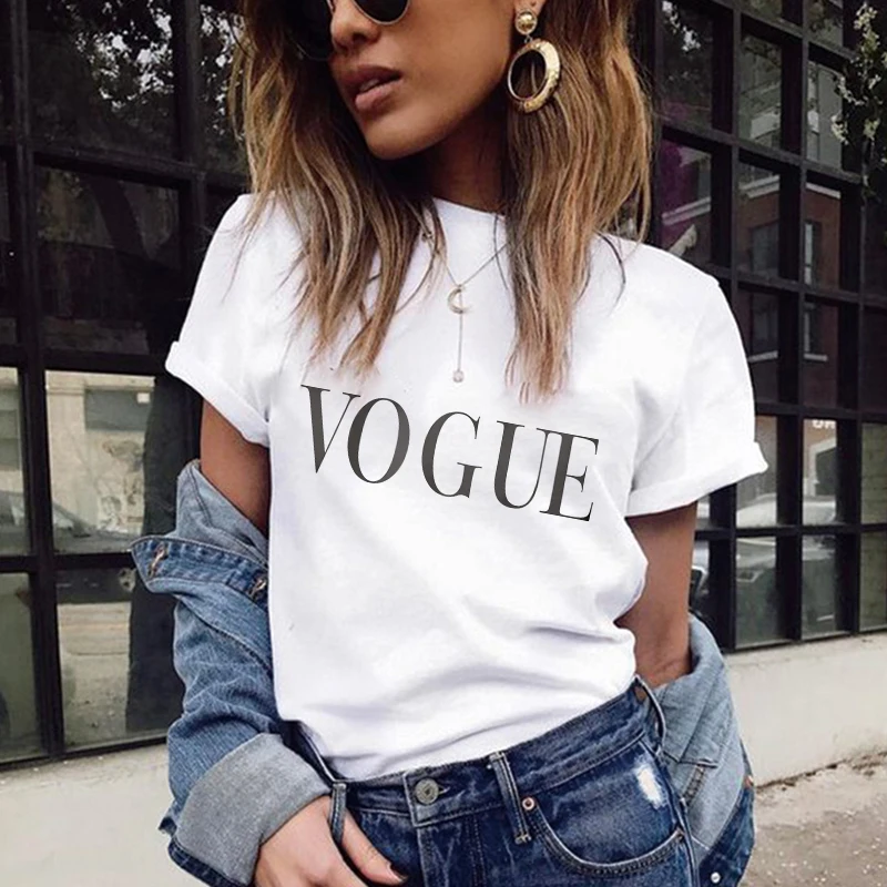 

2018 Summer Women T-shirt VOGUE Letter Printed Tshirts Casual Tops Tee Harajuku Vintage White Shirt Woman Clothing Female
