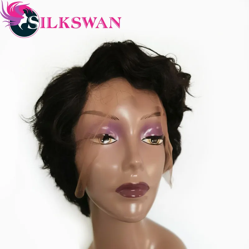 Парики из натуральных волос на кружевной основе Silkswan с короткой окантовкой, 150 плотность, индивидуальные парики, боковая часть для черных женщин