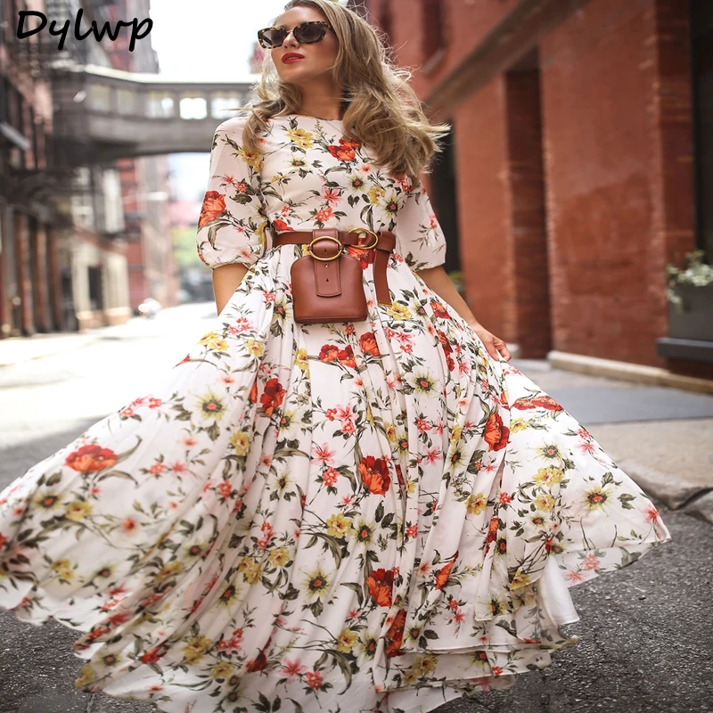 

Women Chiffon White Maxi Dress Flower Printed Lantern Sleeve Bohemian Dresses 2019 Summer Ladies Round Neck Long Boho Dress