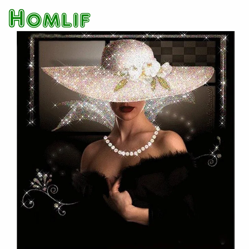 

HOMLIF Full Diamond embroidery Beauty hat pearl Diamond painting beautiful girl DIY Crafts 3d Square Diamond mosaic Home Decor