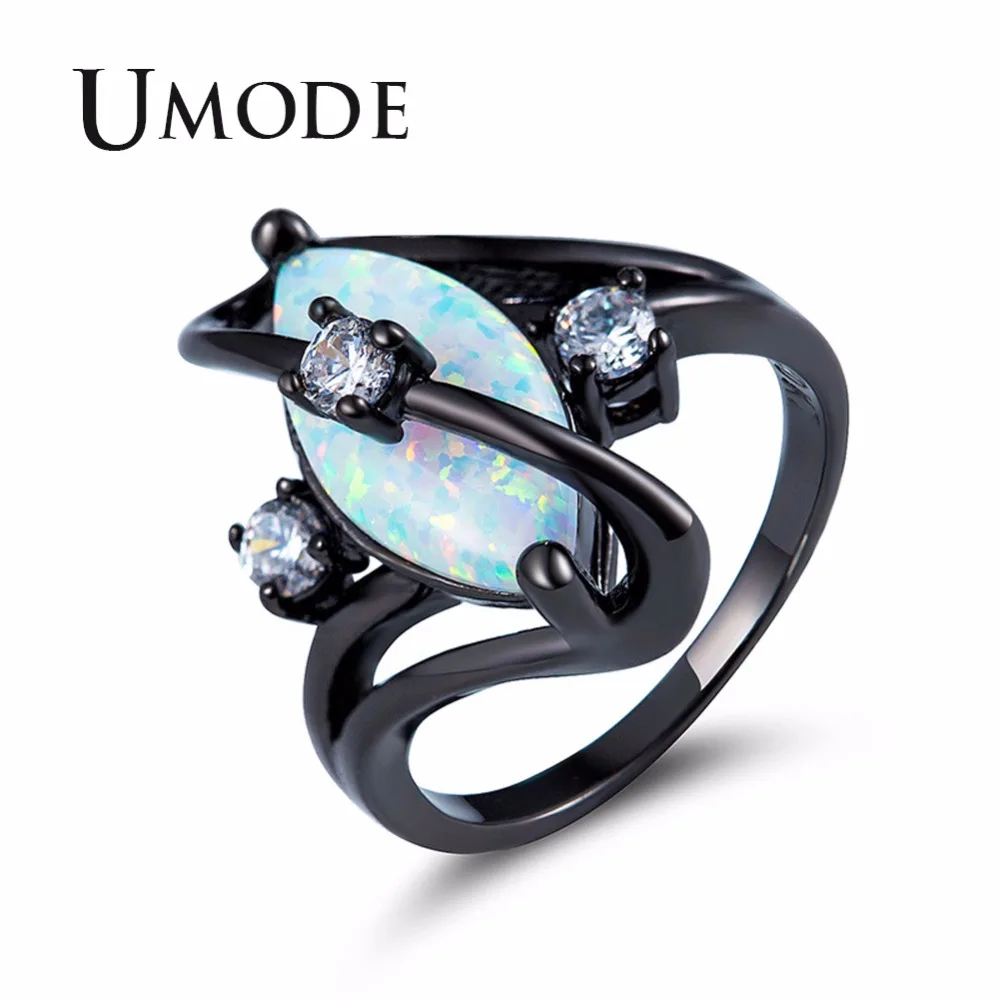 

UMODE Fashion Eyes White Fire Opal Women Rings Female Egg Vintage CZ Stone Girls Black Gold Jewelry Wedding Accessories UR0427