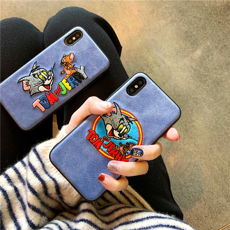 

Blue embroidery leather 3D Cute cartoon Tom and Jerry phone Case For Apple iphone 6 6s 7 8 Plus X XS XR MAX