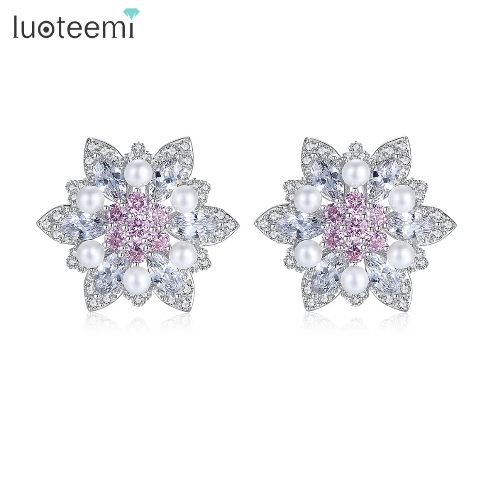 

LUOTEEMI Brand Cute Flower Pink Clear Crystal Stud Earring Paved Shiny Austrian Cubic Zirconia Trendy Jewelry for Women Brincos