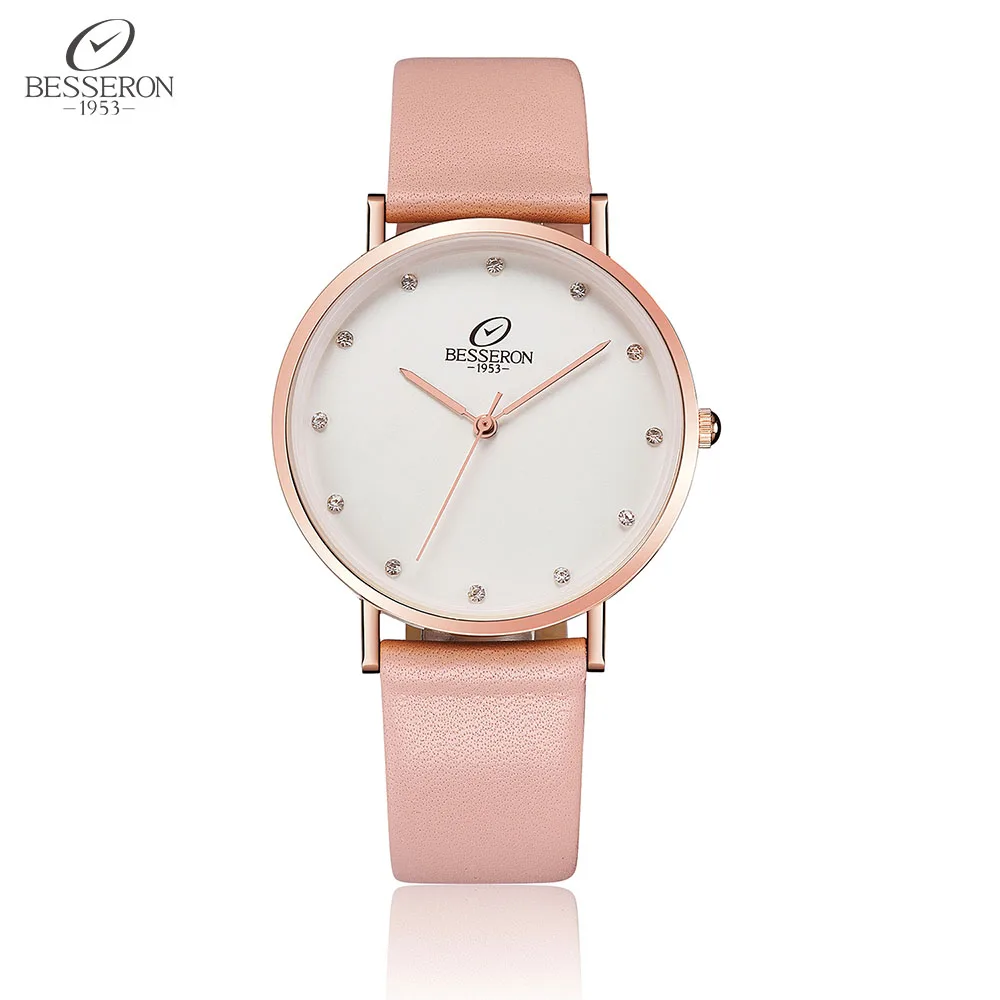 BESSERON Luxury Fashion Women Watch Stainless Steel Rose Gold Case Pink Genuine Leather Band Ladies Quartz Wrist Watches | Наручные часы