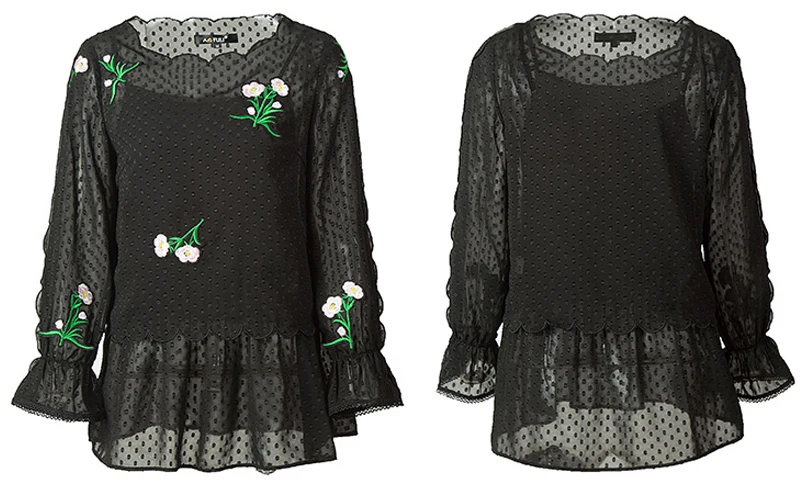 AOFULI L-3xl 4xl 5xl Женские блузки с длинными рукавами и вышивкой черная рубашка с цветочным узором прозрачные черные весенние Топы повседневные 6355