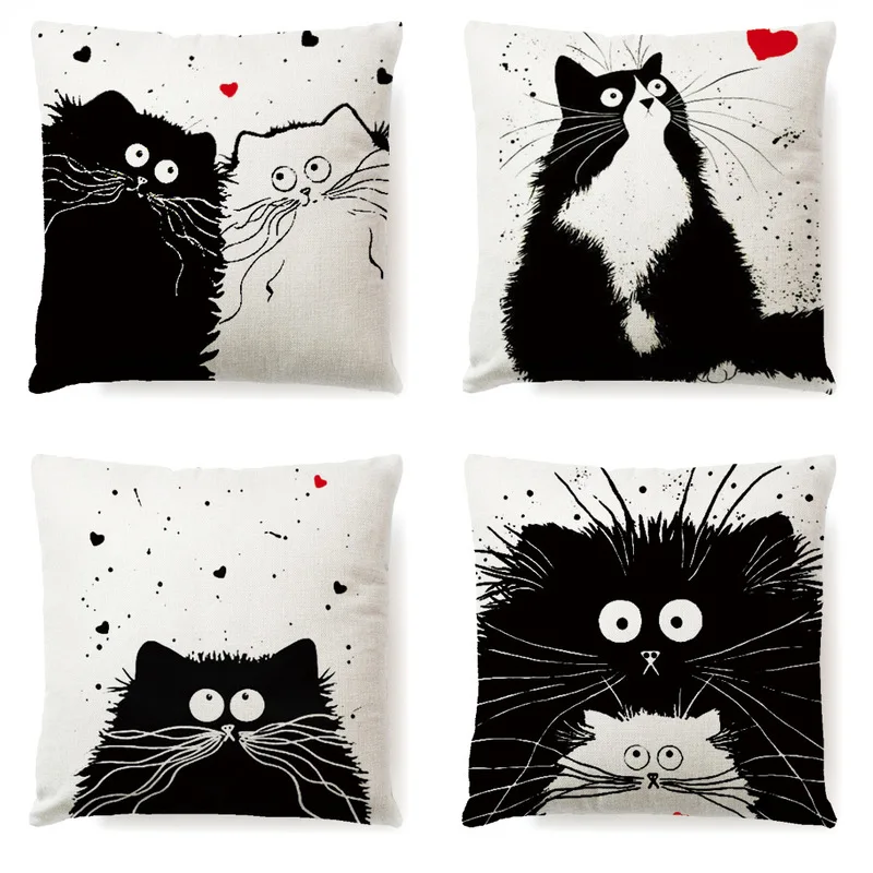 

Hot Sale Vintage White and Black Cat Dog Cotton Cute Pillow Sofa Waist Throw Cushion Cover Home Car Decor