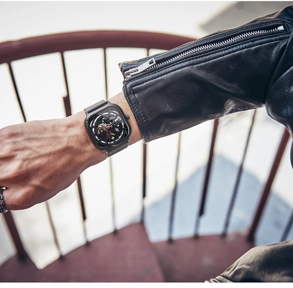 Механические часы Nesun со скелетом, мужские модные водонепроницаемые автоматические квадратные часы, швейцарский роскошный бренд, Relogio Masculino 9500
