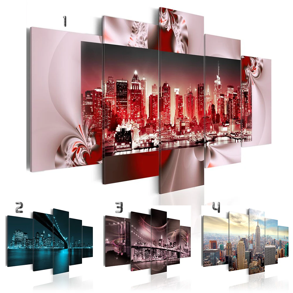 Original Design Canvas Wall Art Prints Modern Abstract Cityscape Brooklyn Bridge Painting Stretched and Framed Modern Colorful New York Skyline Buildings Picture for Home Office Decor 30x60