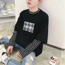 Мужская одежда футболка для девочек с принтом модная свободная футболка с круглым вырезом в черно-белую полоску футболка с длинным рукавом для мужчин Camiseta Masculina