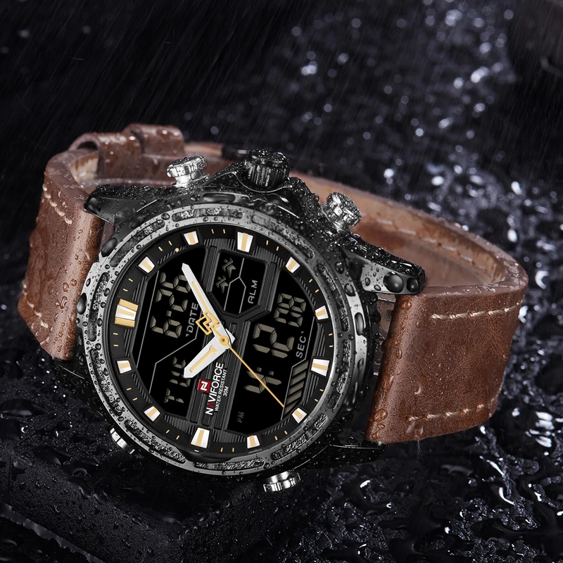 Ceny NAVIFORCE mężczyźni zegarki do luksusowej marki męskie skórzane zegarki sportowe męskie kwarcowy LED zegar cyfrowy wodoodporny wojskowy zegarek na rękę