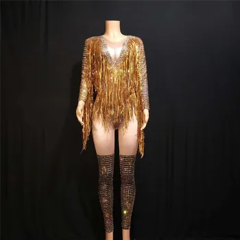 

X40 Gold long tassel female bodysuit short jumpsuit singer pole dance costumes party wears Tights Rhinestone leotard performance