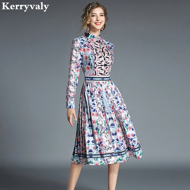 

Autumn Long-sleeved Print Retro Dress Women Designer Dresses Runway 2019 High Quality Party Dress Lange Jurken K5310