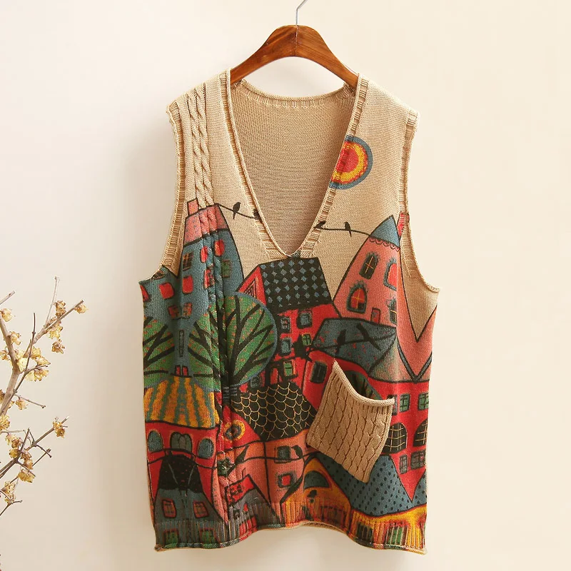 

Vintage Women Vest V neck 2019 Summer Spring New Big Size Knit Sleeveless Pockets Fashion Coat Female Loose Casual Women Tops